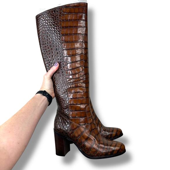 Vince Camuto NIB Pearlanie Rich Cocoa Glaze Croc Leather Knee High Heeled Boots - Picture 4 of 14